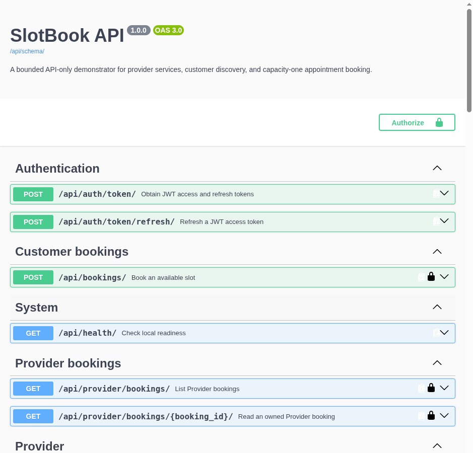Swagger UI overview showing the SlotBook API title, OpenAPI link, authentication, booking, health, and Provider operation groups.