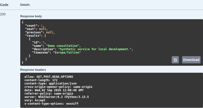 Swagger response table showing one synthetic Provider service named Demo consultation and HTTP 200.