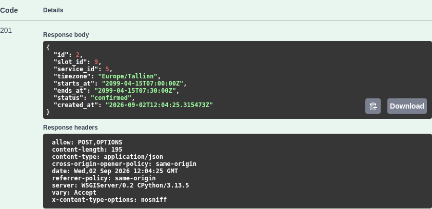Swagger response table showing a confirmed synthetic booking and HTTP 201.