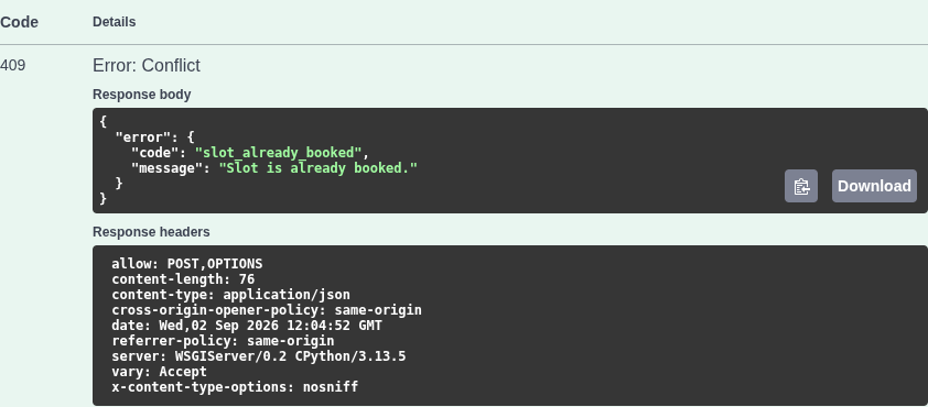 Swagger response table showing HTTP 409 and the error code slot_already_booked.