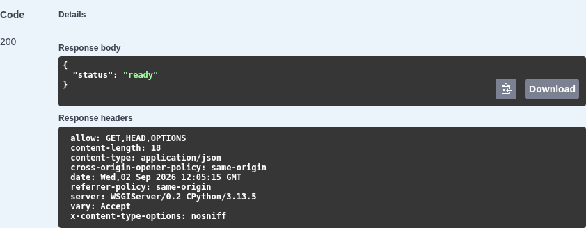 Swagger response table showing HTTP 200 and the readiness body status ready.