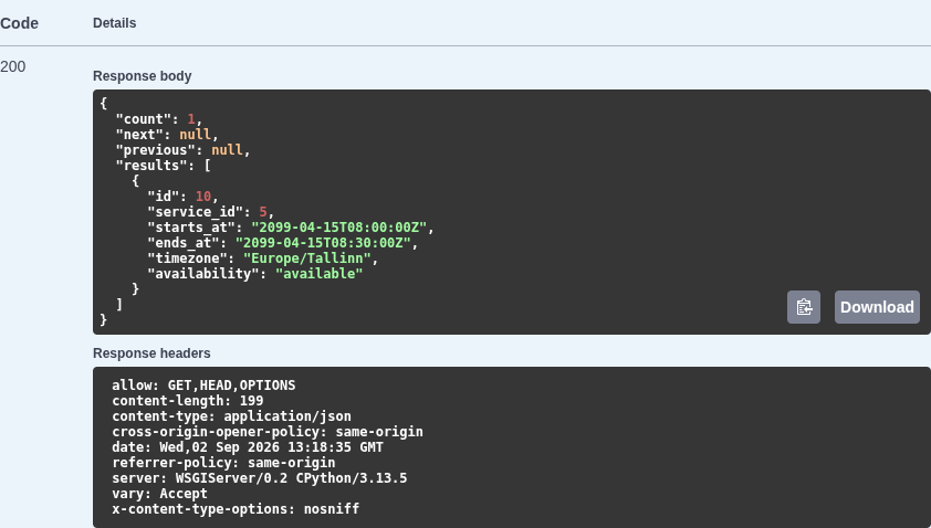 Swagger response table showing one future synthetic slot with available status and HTTP 200.